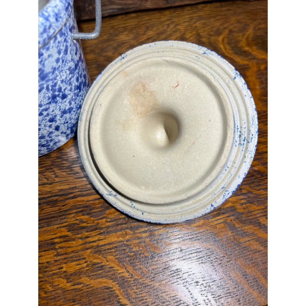 Vintage Pine River Blue Spongeware Stoneware Crock with Lid and Wire Bale Handle